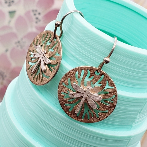 Cute Dragonfly Coin Laser Cutout Dangle Earrings .5" - Picture 2 of 3